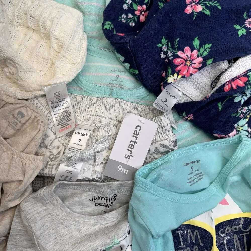 Carters Bundle Baby Girl 9 Months Cat Graphic Outfit Sweater Hats Footed Pajama